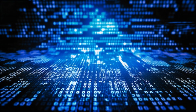Una computadora que contiene muchos códigos binarios sobre un fondo azul.