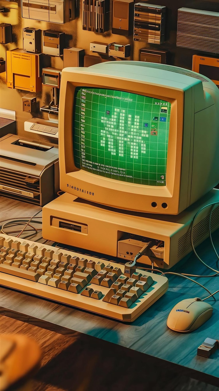 Foto computadora retro y tecnología con monitor y hardware.