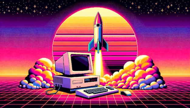 Computadora retrofuturista con lanzamiento de cohetes colores de neón vibrantes IA generativa