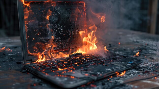 Computadora rota Viejo portátil con humo quemado y componentes derretidos en la mesa