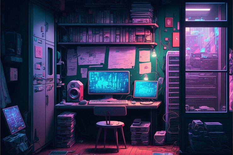 Foto computadora sentada encima de un escritorio en una sala generativa ai