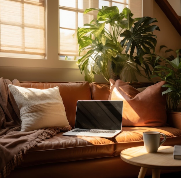 una computadora en un sofá en una sala de estar con una planta en maceta