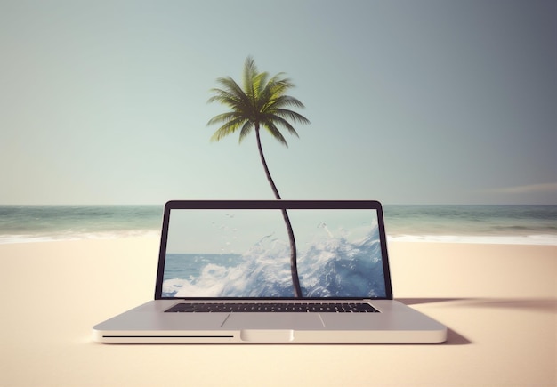 Computadora de viaje vacaciones portátil palma concepto tropical árbol playa de verano IA generativa
