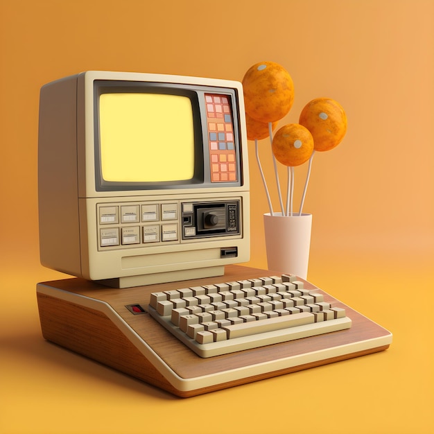 Una computadora vieja con bolas naranjas en el fondo.