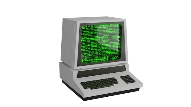 Computadora vieja con pantalla verde y teclado en el lado en un fondo aislado