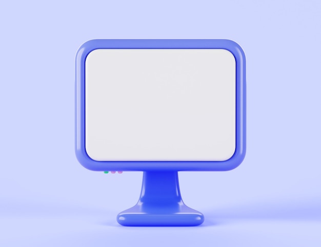 Computadora con vista frontal de pantalla blanca en blanco Render 3d Icono de monitor azul de dibujos animados aislado en el fondo Dispositivo de PC de escritorio con pantalla vacía para banner de maqueta de diseño web