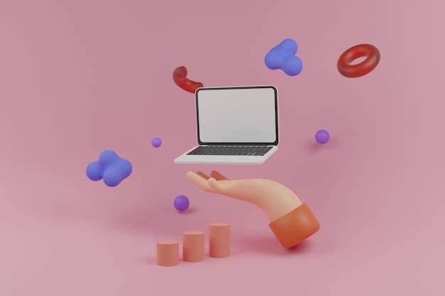 Computadora volando por encima de la mano con objetos abstractos sobre fondo rosa Representación 3d