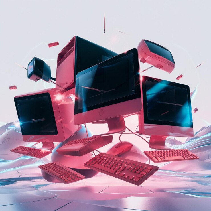 Foto computadoras en un fondo blanco renderización en 3d imagen