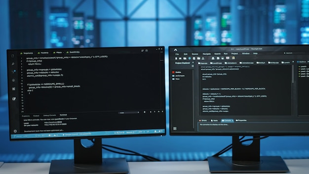 Computadoras en instalaciones vacías del centro de datos que gestionan el consumo de energía de los servidores