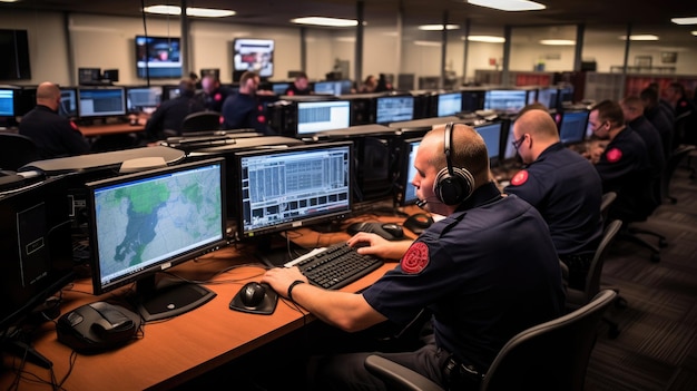 Computadoras de monitoreo de guardia de seguridad en la sala de vigilancia Concepto de seguridad y vigilancia