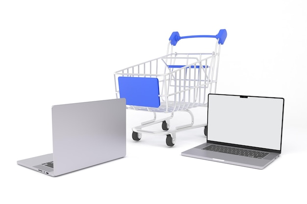 Computadoras portátiles y carrito de la compra lado derecho en fondo blanco.