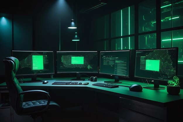 Computadores modernos com telas verdes colocados na mesa em uma sala escura com lâmpadas cintilantes em bases ilegais de hackers à noite