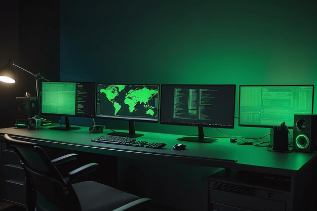 Computadores modernos com telas verdes colocados na mesa em uma sala escura com lâmpadas cintilantes em bases ilegais de hackers à noite