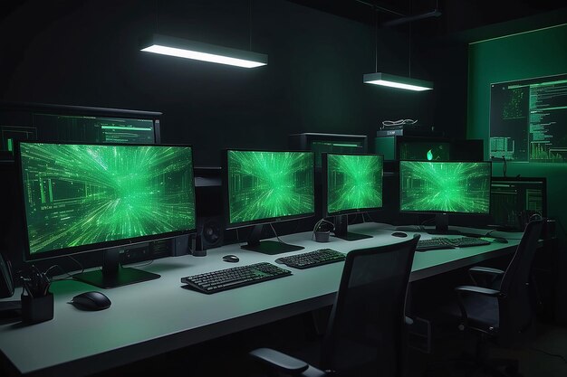Computadores modernos com telas verdes colocados na mesa em uma sala escura com lâmpadas cintilantes em bases ilegais de hackers à noite