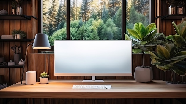Computer-Allinone mit einer leeren weißen Bildschirmfront im grünen Öko-Büro im Industrieloft