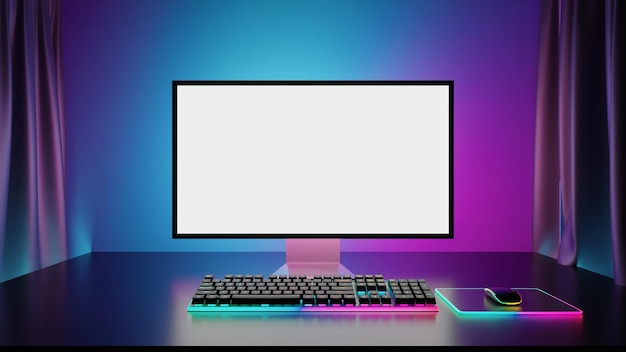 Computer-Desktop im Spielzimmer mit blauen violetten Lichtern auf dem Hintergrund und Vorhang Moderner PC-Computer weißer Bildschirm Mockup Gaming-Tastatur 3D-Rendering-Illustration