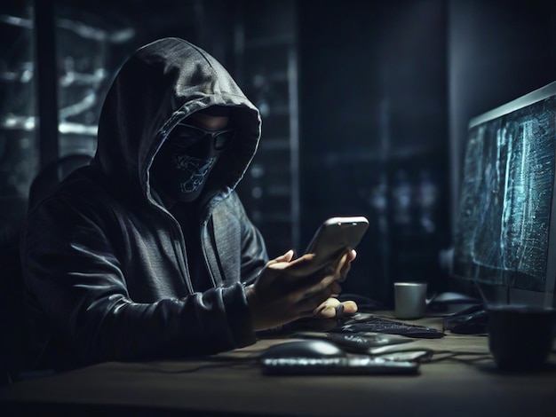 Computer-Hacker mit Smartphone im dunklen Raum Cyberkriminalität Konzept.