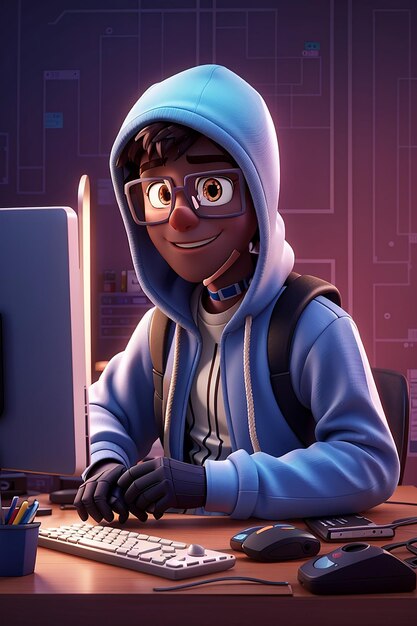 Computer-Hacker Zeichentrickfigur Schleichender 3D-Animationsstil