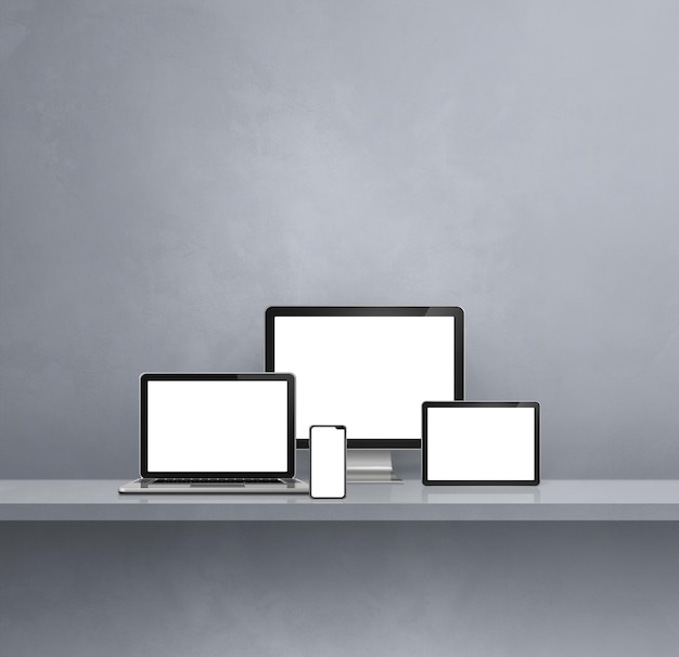 Computer, Laptop, Handy und digitaler Tablet-PC - grauer Wandregalhintergrund. 3D-Illustration