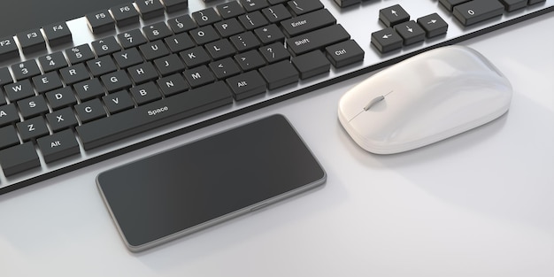 Computer-Maus-Tastatur und Smartphone auf weißem Farbhintergrund 3D-Darstellung