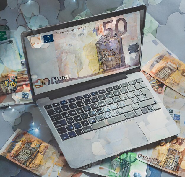 Foto computer mit geld und euro-scheinen top-view finanztechnologie