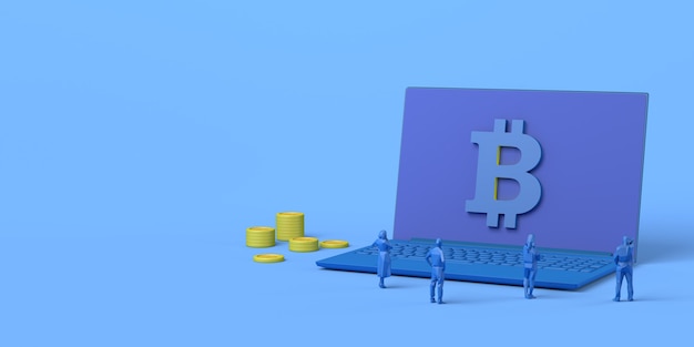 Computer mit Münzen und Bitcoin-Symbol mit Leuten, die Online-Finanzinvestitionen 3D-Rendering ansehen