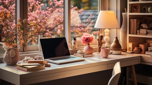 Computer mit Pflanzen auf einem Holztisch im Bürozimmer Hausdekorationskonzept