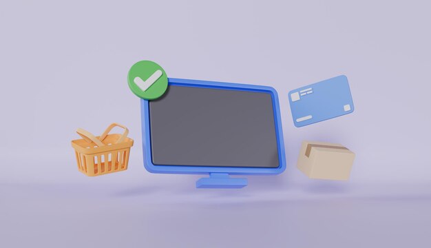 Computer-Monitor mit Kontrollmarkierungen Einkaufswagen Waren Kartonkasten Korb Kreditkarte
