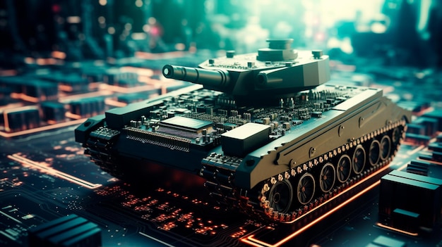 Foto computer-motherboard mit mikroschaltung in form eines panzers ein militärisches konzept