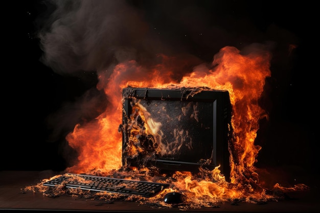 Computer-PC auf dem Tisch brennt