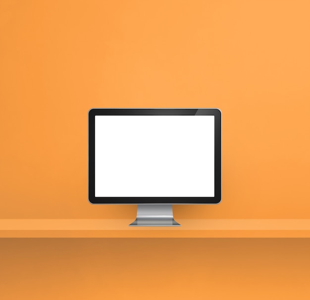 Computer-PC - orange Wandregal Hintergrund. 3D-Illustration