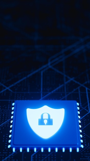 Computer-Sicherheitsprozessor mit Schild und Vorhängeschloss auf blauer elektronischer Tafel Cybersicherheitsthema