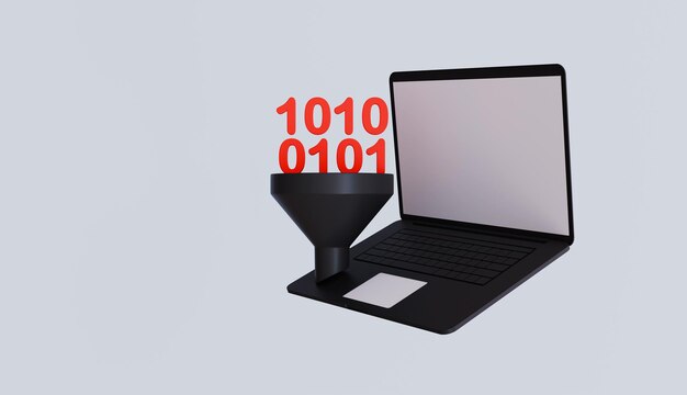 Computer with binary code filter Web programming Laptop with funnel Big data concept