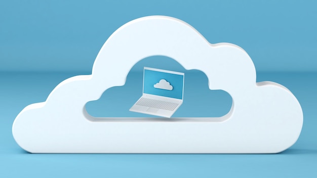 Computerausrüstung auf Wolkenmodell über blauem Hintergrund