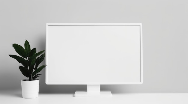Computerbildschirm, der auf einem weißen Schreibtisch leer sein kann