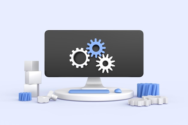 Computereinstellungen mit Zahnradsymbolen, isometrisches 3D-Rendering. Konzept der Aktualisierung des Computerservicesystems, technischer Support, Aktualisierung der Software mit Zahnrädern auf dem Webbanner des PC-Bildschirms