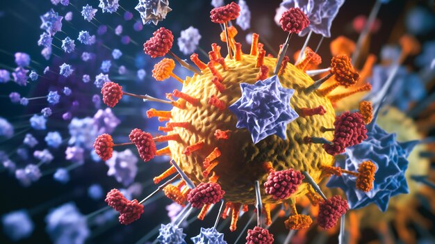 Computergeneriertes Bild des SARSCoV2-Viruspartikels mit einer vergrößerten Ansicht des Spike-Proteins
