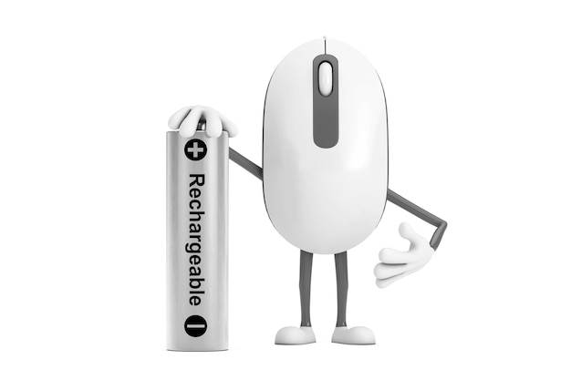 Computermaus-Cartoon-Person-Charakter-Maskottchen mit wiederaufladbarem Akku 3D-Rendering