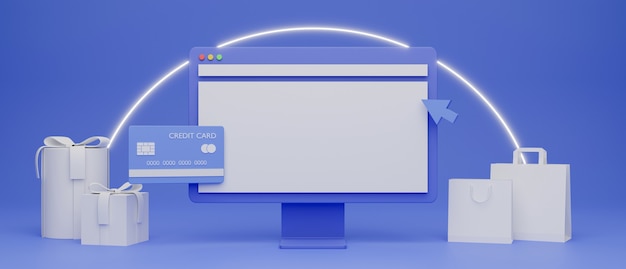 Computermonitor-Einkaufstaschen und Kreditkarten-Online-Shopping-Konzept 3D-Rendering