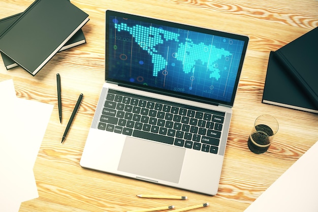 Computermonitor mit abstraktem, kreativem digitalem Weltkarten-Globalisierungskonzept 3D-Rendering