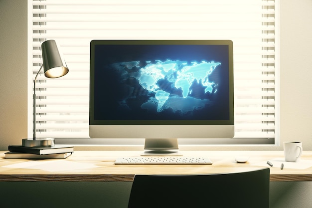 Computermonitor mit abstraktem, kreativem digitalem Weltkarten-Globalisierungskonzept 3D-Rendering