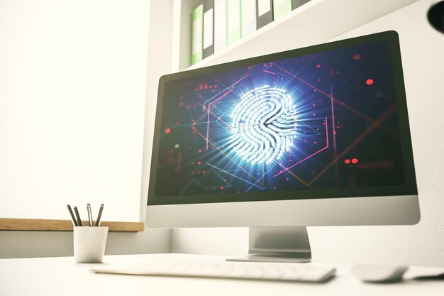 Computermonitor mit abstrakter Fingerabdruck-Scan-Schnittstelle, digitalem Zugriffskonzept 3D-Rendering