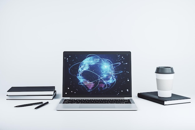 Computermonitor mit abstrakter grafischer digitaler Weltkarte mit Verbindungen Globalisierungskonzept 3D-Rendering