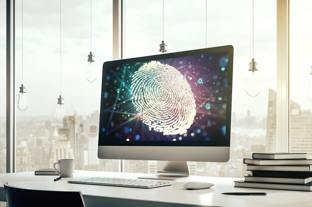 Computermonitor mit abstrakter, kreativer Fingerabdruckillustration, persönliches biometrisches Datenkonzept, 3D-Rendering