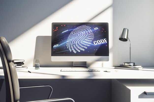 Computermonitor mit abstrakter, kreativer Fingerabdruckillustration, persönliches biometrisches Datenkonzept, 3D-Rendering