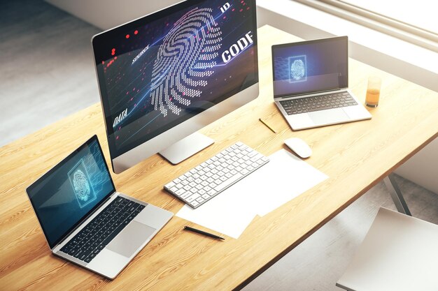 Computermonitor mit abstrakter, kreativer Fingerabdruckillustration, persönliches biometrisches Datenkonzept, 3D-Rendering