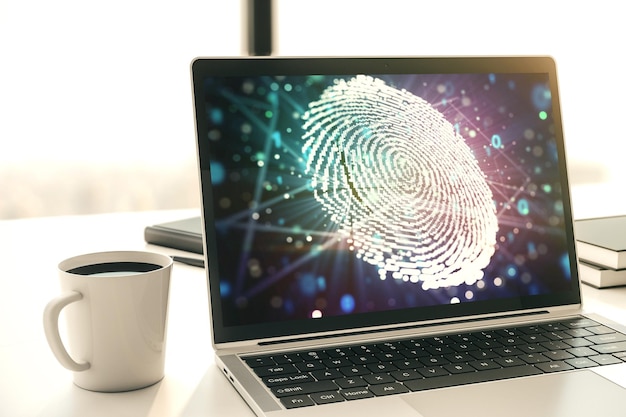 Computermonitor mit abstrakter, kreativer Fingerabdruckillustration, persönliches biometrisches Datenkonzept, 3D-Rendering