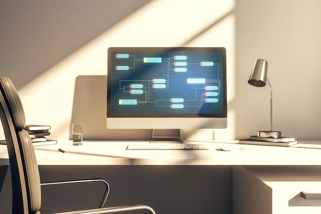 Computermonitor mit abstrakter kreativer Programmierillustration Big Data und Blockchain-Konzept 3D-Rendering