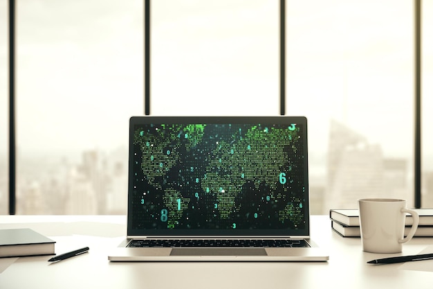 Computermonitor mit abstrakter kreativer Programmierung, Illustration und Weltkarte, Big Data und Blockchain-Konzept 3D-Rendering