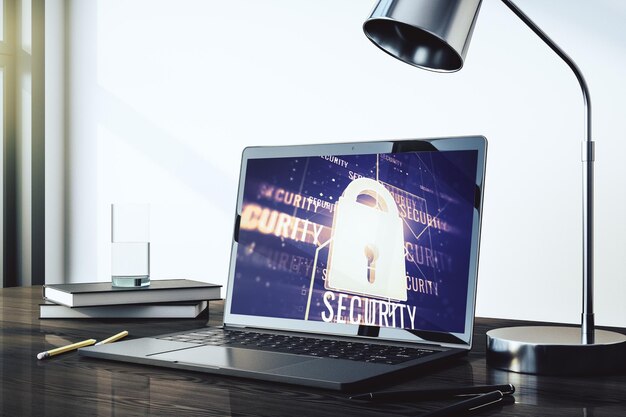 Computermonitor mit kreativer Lichtschlossillustration und Mikroschaltkreis-Cybersicherheitskonzept 3D-Rendering